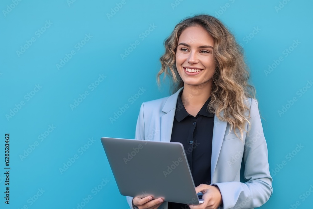 A woman in a business suit holding a laptop A woman in a business suit holding a laptop