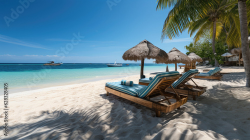 Empty lounge chairs with umbrellas on white sand beach in hot summer day. Generative AI