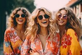 Three beautiful women wearing sunglasses are posing for a picture