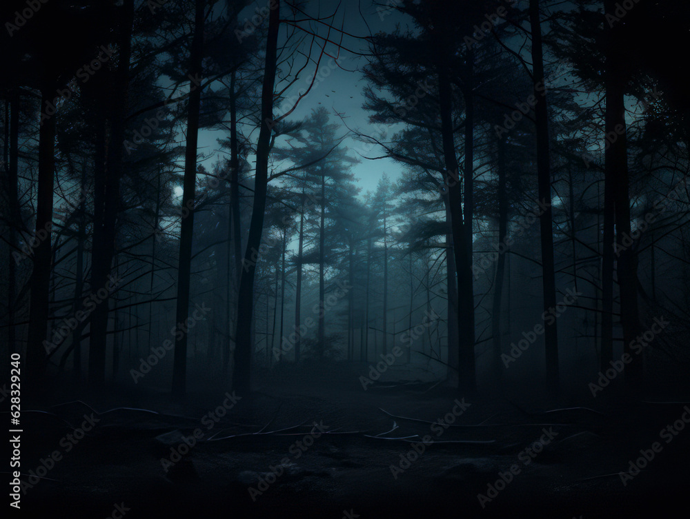 Naklejka premium Dark blue eerie forest at night. Halloween mood.