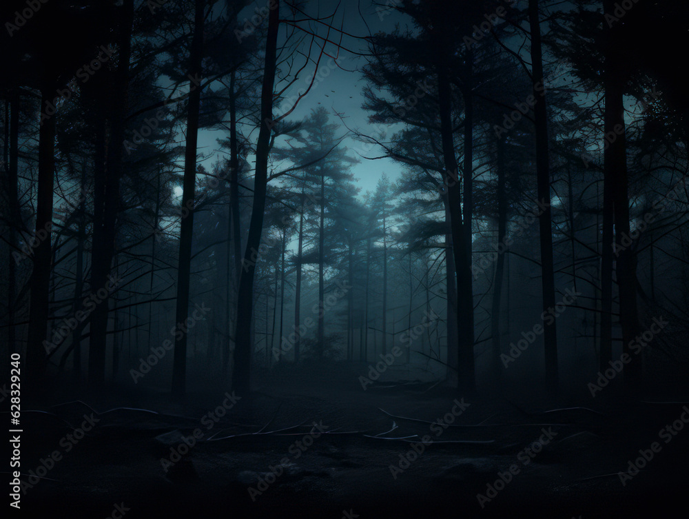 Dark blue eerie forest at night. Halloween mood. Dark blue eerie forest at night. Halloween mood.
