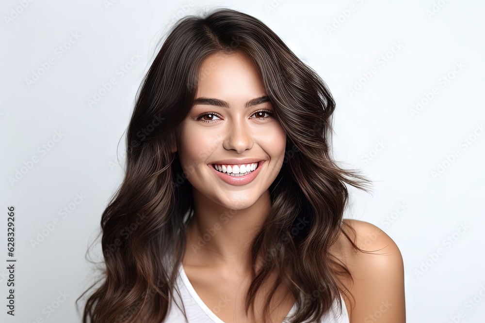 Happy joyful young woman with long dark hair smiling, isolated on grey background Happy joyful young woman with long dark hair smiling, isolated on grey background