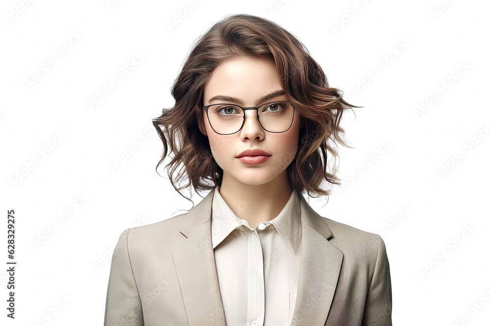 Young woman wearing glasses and a suit, looking at the camera, isolated on white background