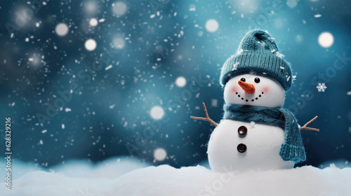 Snowman, winter background with space for copy. Generative AI © piai