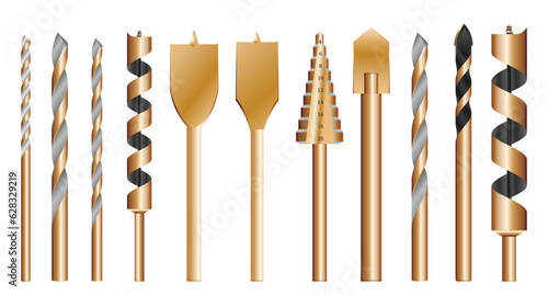 set of realistic metallic drill bits or metal work steel tools. eps vector