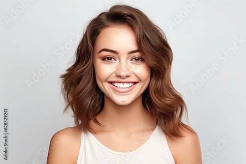 Happy young woman smiling and wearing a white tank top  isolated on grey background