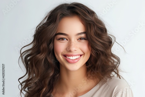 Happy young smiling woman with long brown hair, isolated on grey background