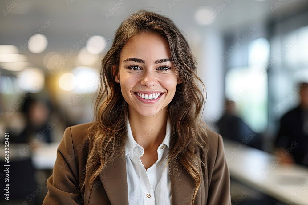 A smiling woman in a brown blazer and white shirt, with blur office background. Confident businesswoman smiling at the camera A smiling woman in a brown blazer and white shirt, with blur office background. Confident businesswoman smiling at the camera