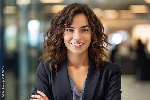 A woman with her arms crossed posing for a picture. Portrait of happy and successful business woman, boss in shirt smiling and looking at camera inside office with crossed arms