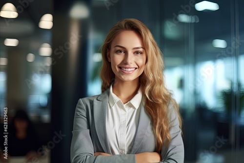 Young businesswoman standing with her arms crossed in front of a glass wall of office workplace. Smiling and confident.