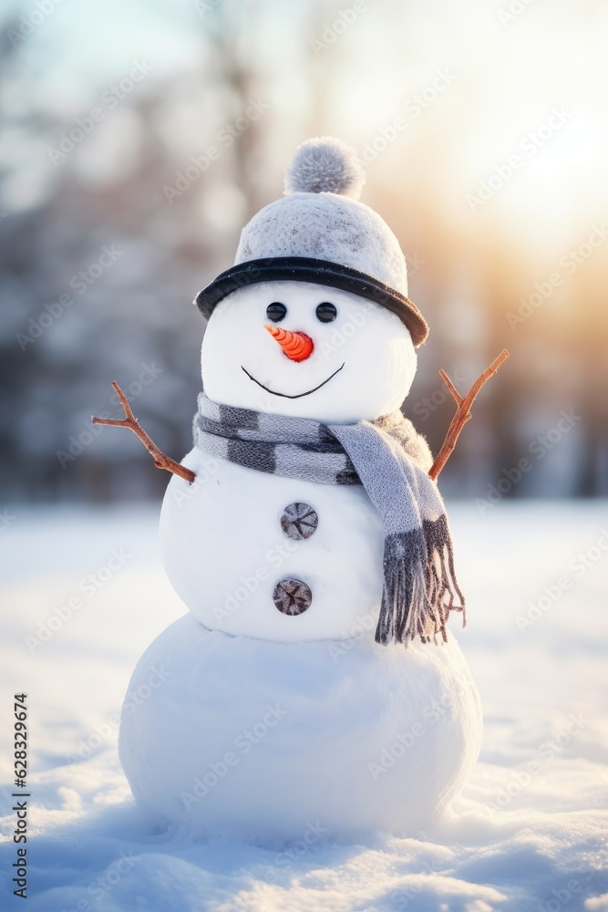 Snowman, winter background with space for copy. Generative AI Snowman, winter background with space for copy. Generative AI