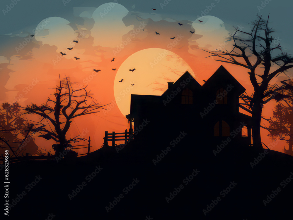 Illustration of a spooky house in black color against the background of the moon