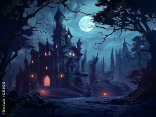 Moonlit haunted mansion. Halloween night scene.