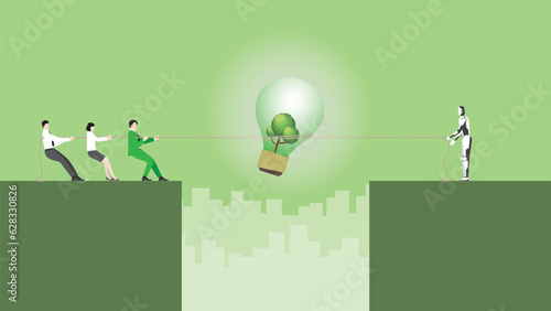 A Business team pulls rope for a tree big lightbulb. AI ESG idea complete, Renewable green energy, Environmental policy, Net zero emission, Carbon footprint reduction, Sustainable, Eco-friendly.