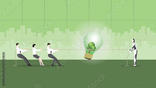 Office workers pull rope for a tree big lightbulb. AI ESG idea complete, Renewable green energy, Environmental policy, Net zero emission, Carbon footprint reduction, Sustainable, Eco-friendly.