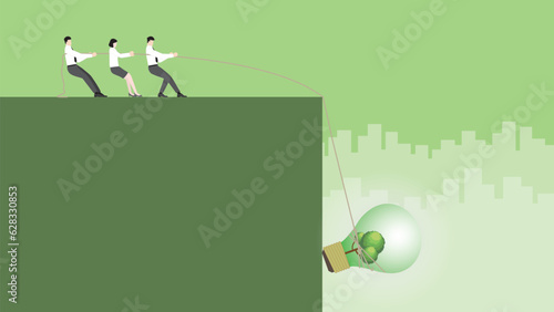 An office worker pulls rope for a tree big lightbulb. ESG idea, Renewable, Alternative green energy, Environmental policy, Net zero emission, Carbon footprint reduction, Sustainable, and Eco-friendly.