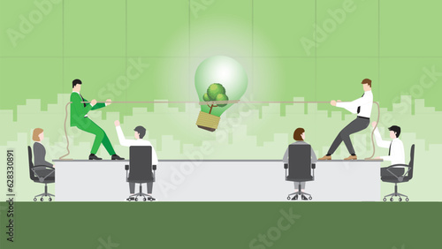ESG business ideas compete. Pull rope for a tree big lightbulb in an office meeting. Renewable green energy, Environmental policy, Net zero emission, Carbon footprint reduction, Sustainable. and eco.