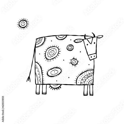 Stylish Ethnic Vector Illustration: Isolated Cow on White Background