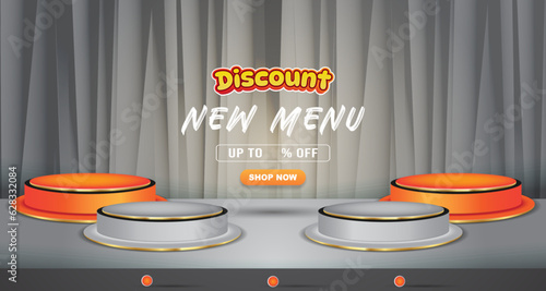 new food menu discount with landscape template banner and copy space 3d podium for product sale with abstract gradient grey background design