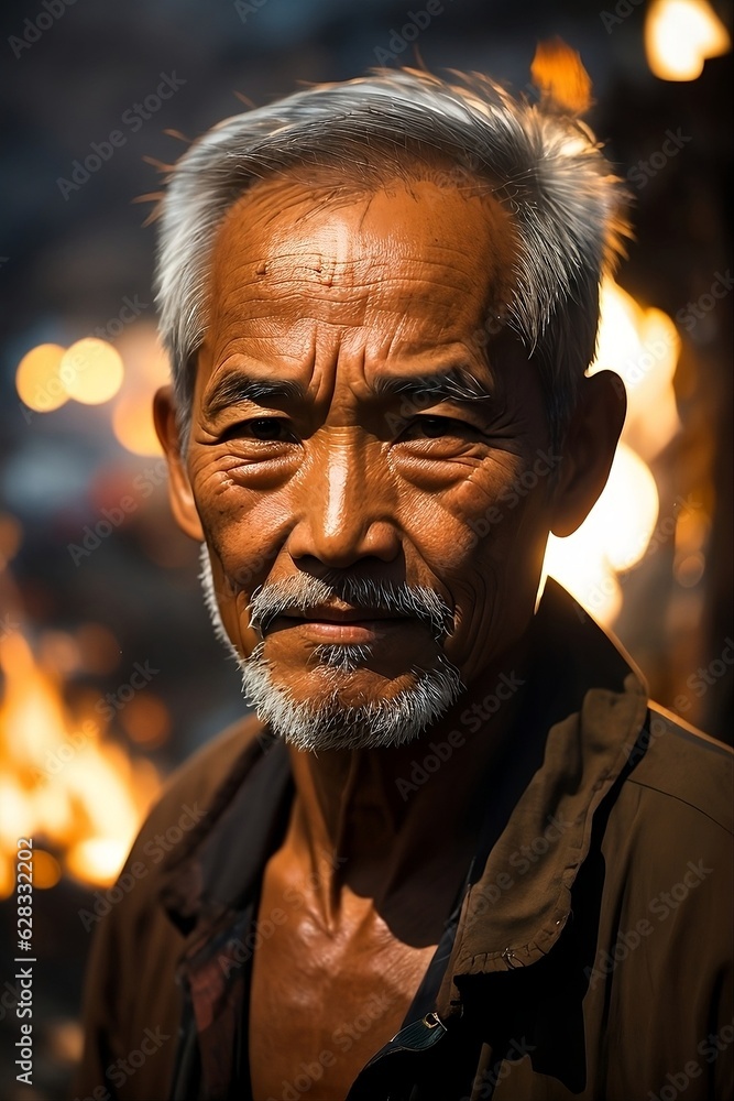 Powerful portrait of an elderly Vietnamese man, his weathered face telling stories, amid a shanty town by a river, lit by fire's glow. Powerful portrait of an elderly Vietnamese man, his weathered face telling stories, amid a shanty town by a river, lit by fire's glow.