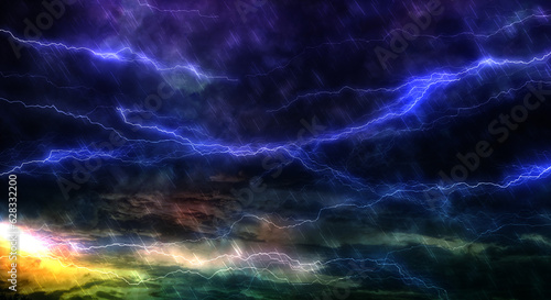 暗く厚い雨雲に走る雷、稲妻、大雨の背景 嵐・台風・豪雨・大雨・邪悪・不穏・ヘビーメタルのイメージ