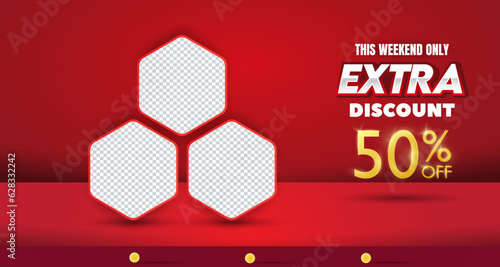 weekend extra discount landscape template banner and copy space frame for product sale with abstract gradient red background design