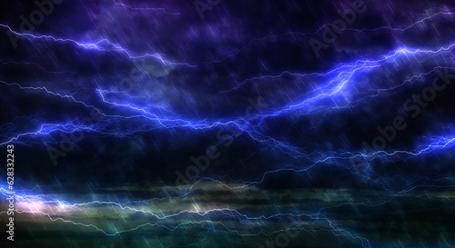 Fototapeta Naklejka Na Ścianę i Meble -  暗く厚い雨雲に走る雷、稲妻、大雨の背景　嵐・台風・豪雨・大雨・邪悪・不穏・ヘビーメタルのイメージ