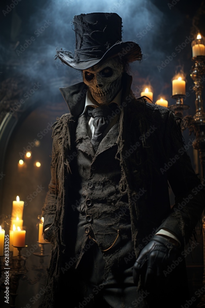 Halloween male character in a haunted mansion like a ghost in dark atmosphere Halloween male character in a haunted mansion like a ghost in dark atmosphere