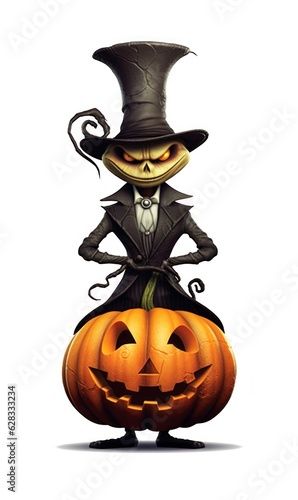 Very scary character evil pumpkin figure with arms and legs wearing a black coat