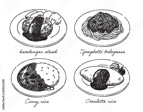 ペン画ハンバーグとスパゲティとカレーとオムライス