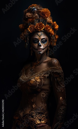 woman catrina with sugar skull makeup over halloween costume