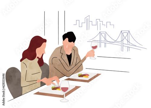 ベクターイラスト素材：夜に食事する男女
