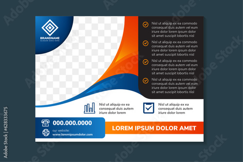 Horizontal layout of vector illustration background template for page covers, flyers, leaflets or advertising billboards. A4 proportion. quarter circle space for photo. blue, orange and black colors.