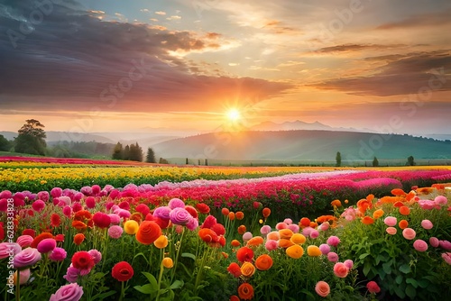field of tulips and sunset Generative AI