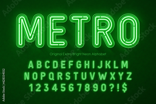 Neon light 3d alphabet, retro-futuristic original type.