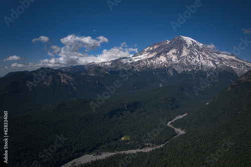 Aerial photograph of the Nisqually River flowing from Mt. Rainier, Washington.