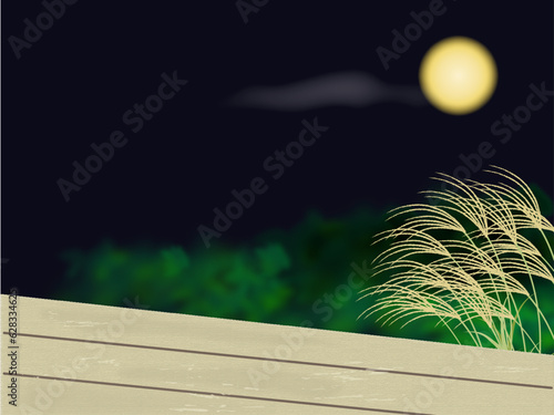 秋の夜にひかる満月とすすきの風景