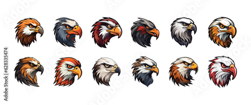 Set of Falcon Mascot Logos, Variation of Falcon Head Mascot Logo, Falcon, Eagle or Hawk, Emblem, Vector illustration isolated on background, Falcon logo collection, tshirt print design