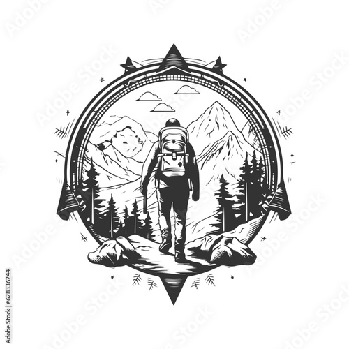adventurer, vintage logo line art concept black and white color, hand drawn illustration