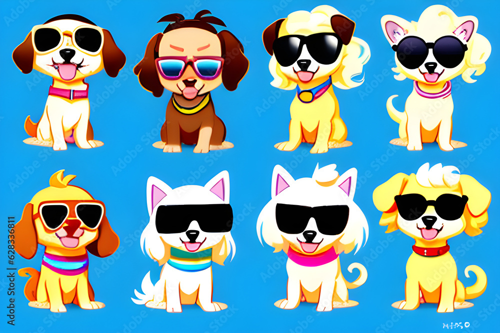  cute puppy characters  wearing hair bands, sunglasses