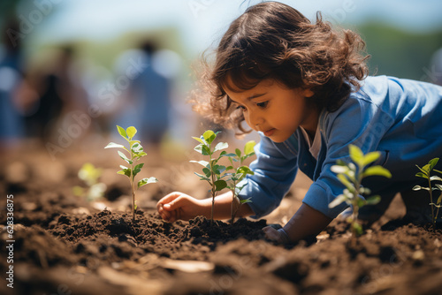 Foto child joyfully participates in the act of planting a green tree in the forest, e