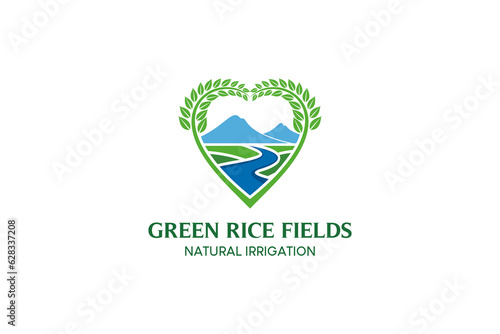 Paddy love ricefield irrigation logo, green ricefield vector for agricultural waters logo design