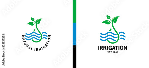 Nature irrigation logo design, water wave icon symbol with green leaf drop