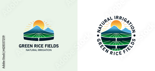 Natural ricefield irrigation logo, green ricefield vector for agricultural waters logo design