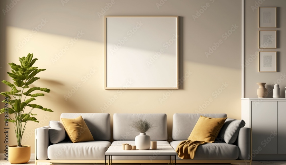 tan color living room 1 square white wall frame no ima Generative Ai