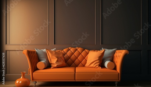 tan couch with orange cushions wall is empty UHD 8k Generative Ai © Abonti