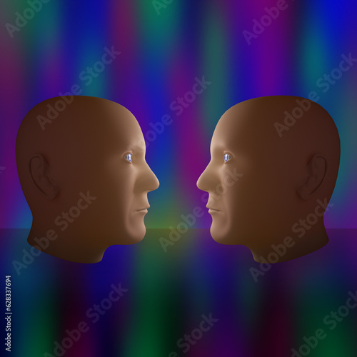 Two 3D-modeled heads face-to-face in an abstract space