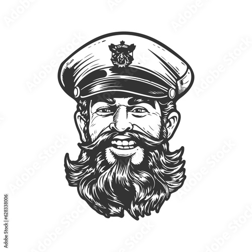 adventurous captain mascot, vintage logo line art concept black and white color, hand drawn illustration