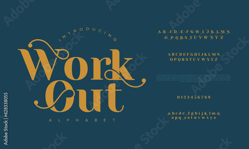 Workout premium luxury elegant alphabet letters and numbers. Elegant wedding typography classic serif font decorative vintage retro. Creative vector illustration