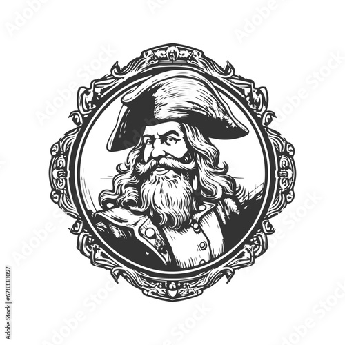 adventurous captain mascot, vintage logo line art concept black and white color, hand drawn illustration